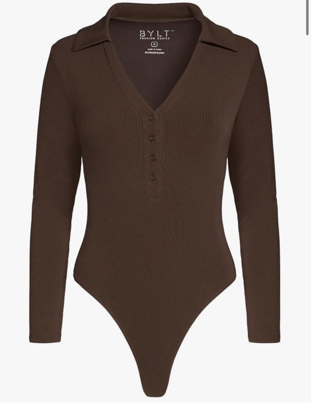 NWT  BYLT Ribbed Long Sleeve Bodysuit with Built-In Bra – brown L - Picture 3 of 8